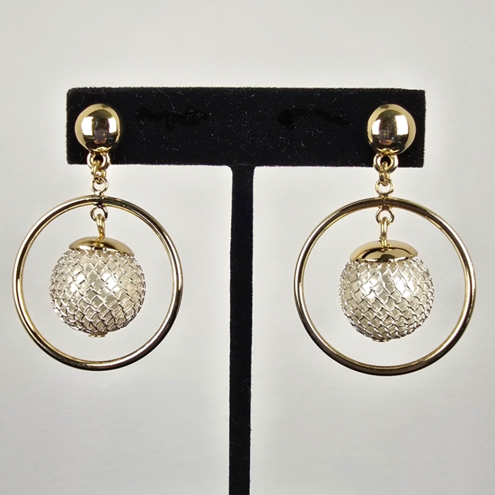 Planetary Gold-tone Circular Hoop Earrings with Beaded Mesh Pearl Accent